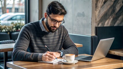 Obraz premium Focused individual capturing ideas while enjoying coffee in a cozy cafe on a bright morning