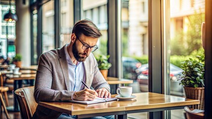 Obraz premium Engaging in creative thoughts while sipping coffee in a cozy urban cafe at sunset