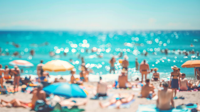 beach at the resort, blurred background people relax and sunbathe on the beach of the warm ocean coast