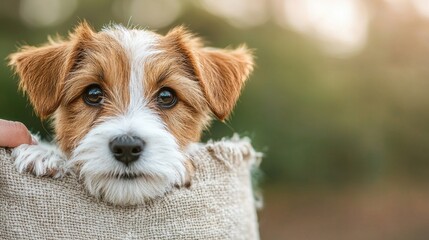 Adorable puppy looking out from a bag outdoor setting animal portrait natural light close-up cuteness overload for pet lovers