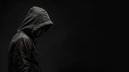 Incognito guy in a black hood on a dark background, hides his face