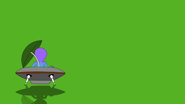Green Screen UFO Landing with Alien Exploration and Takeoff Animation, UFO and Alien on Green Screen, Landing and Departure Scene, Green Screen Sci-Fi Animation, UFO Lands on Desert Planet with Alien