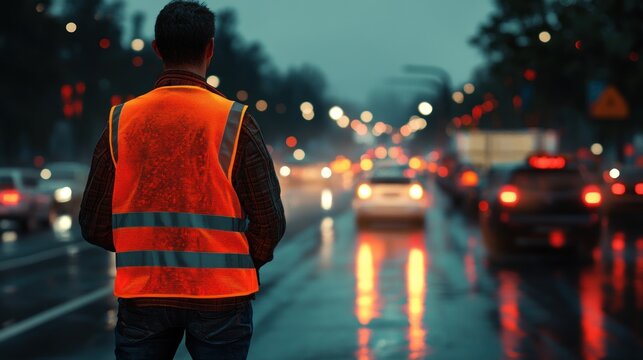 Night City Worker: A lone figure in an orange safety vest stands amidst the blurred lights of a rainy city street, reflecting the urban solitude and the worker's dedication.