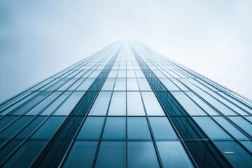 Fototapeta premium A modern glass skyscraper reflecting the cityscape, illustrating the architectural innovation and the sleek, reflective qualities of glass in urban development and construction.