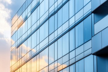 A modern office building with large glass windows reflecting the sky and nearby structures, emphasizing the sleek architectural design and the transparency of the glass.