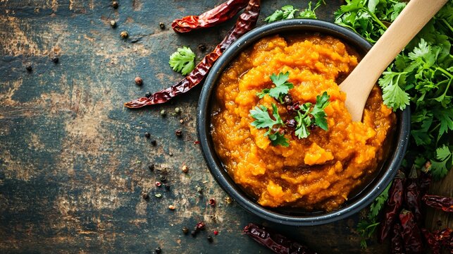 A bowl of persimmon chutney with a wooden spoon, surrounded by dried chilies and fresh herbs on a rustic table