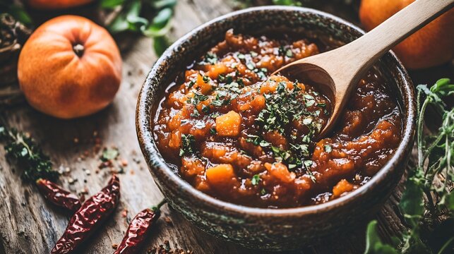 A bowl of persimmon chutney with a wooden spoon, surrounded by dried chilies and fresh herbs on a rustic table
