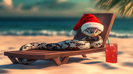Festive snake in Santa hat on a sun lounger on a sunny tropical beach with a refreshing cocktail. Year of the Snake, 2025. New Year in the tropics.