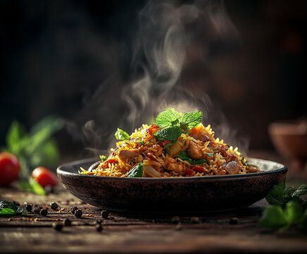 bowl of watering full chicken biryani dish isolated on wooden table background  side view