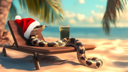 Festive snake in Santa hat on a sun lounger on a sunny tropical beach with a refreshing cocktail. Year of the Snake, 2025. New Year in the tropics.