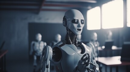 Advanced humanoid robot in a futuristic laboratory setting, showcasing cutting-edge technology and artificial intelligence.