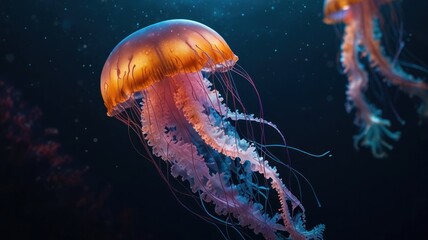 Fototapeta premium Two luminous jellyfish with orange bells and long, flowing tentacles drift in dark blue water.