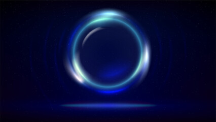 Obraz premium Stage, circular light frame on dark background. Illuminated stage, dark blue backdrop. Blue cyan glowing glass circle. Shining light ring. Background for displaying products, text, copy paste. Vector