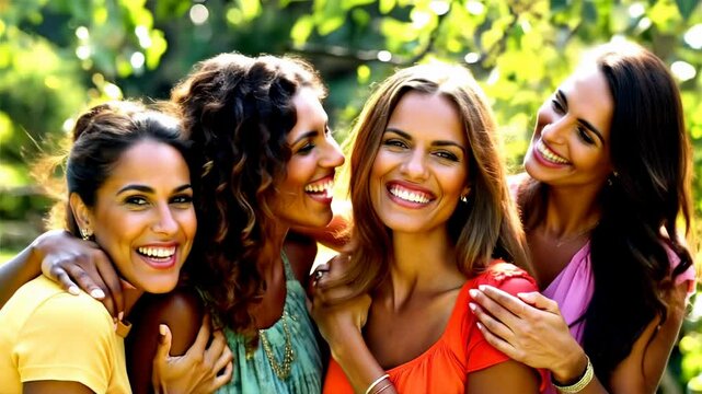 Group of diverse young women having fun in front of camera outdoor - Friendship, love and people concept - Models by AI generative 