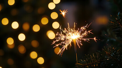 Fototapeta premium Close-up of a sparkler glowing brightly against a bokeh background at night. Generative AI.