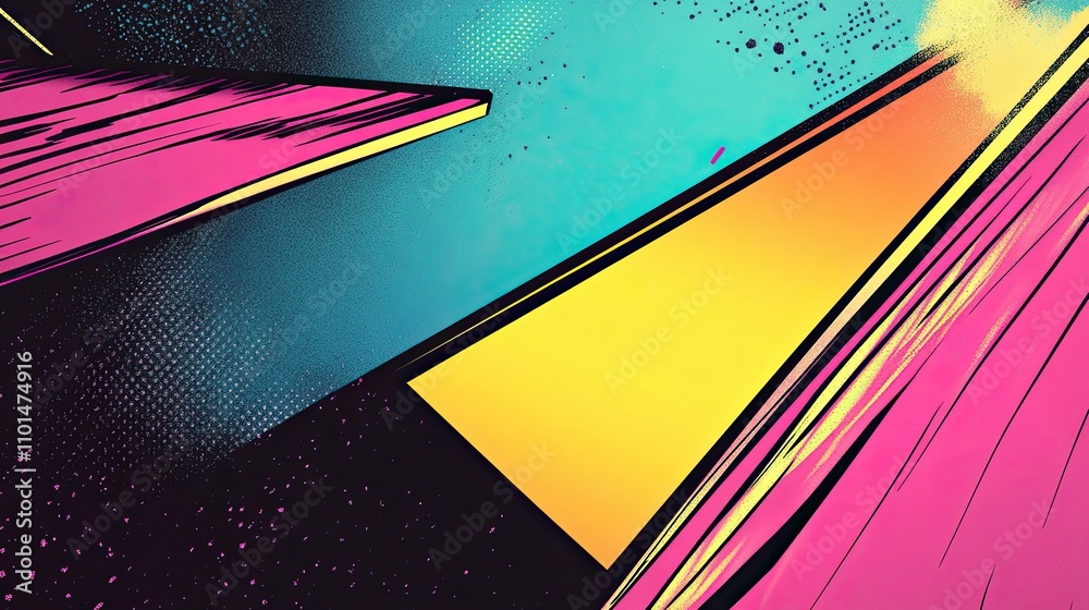 Wall mural dynamic floating panels with neon hues on a soft glowing 70s background
