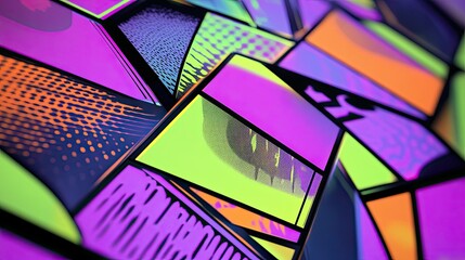 Vibrant neon textures in panels over a glowing retro wallpaper backdrop