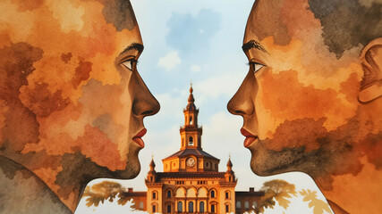 watercolor a visually striking human head silhouette of two faces looking into each other