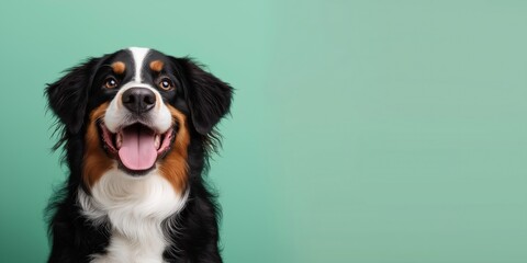 Happy Bernese Mountain dog sits mint green background. Smiling pet animal. Brown white black fur. Cute puppy. Perfect design element. Space for text. Monochromatic. Domestic dog.