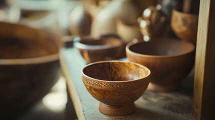 Handcrafted wooden bowls with intricate patterns on a rustic table