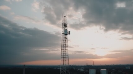 Obraz premium Sunset Silhouette: Telecommunication Tower over Cityscape