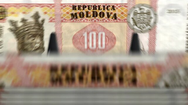 Moldova money Moldavian Lei counting machine with banknotes. Quick 100 MDL currency note down rotation. Business and economy concept loopable and seamless background.