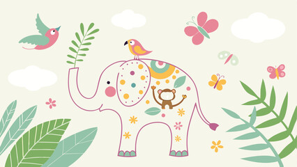 Playful Elephant with Jungle Friends
