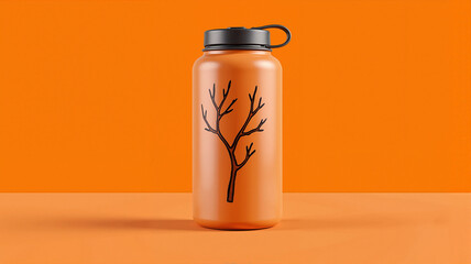 Water bottle with tree branch silhouette on an orange surface