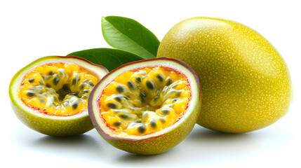Two halves of a passion fruit and one whole fruit are displayed on a white background with green leaves. The vibrant yellow and black seeds are clearly visible, showcasing the fruit's juicy texture.