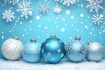 Christmas background with ornaments on snow.