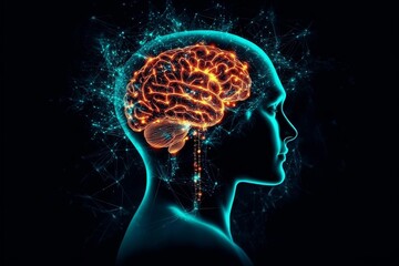 Obraz premium A surreal human head featuring a luminous brain at its center.