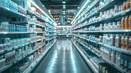 Obraz premium Blurred supermarket aisle with rows of products under bright lights