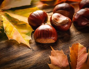 Autumn Chestnuts on Rustic Wooden Board