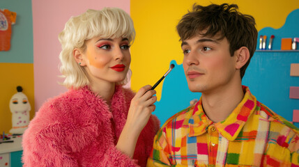 woman applies makeup to man in colorful room, showcasing creativity and fun