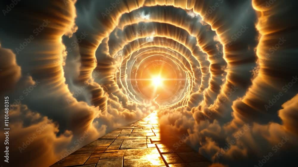 Poster a breathtaking pathway emerges through swirling clouds, illuminated by the warm glow of the sun. the