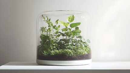 Fototapeta premium Minimalist terrarium with plants on a clean, white tabletop