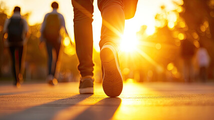 Silhouetted students walking to school in warm sunrise light