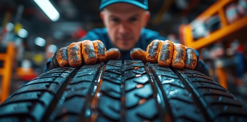 Close-up of a mechanic holding a brand new car tire at a garage workspace.