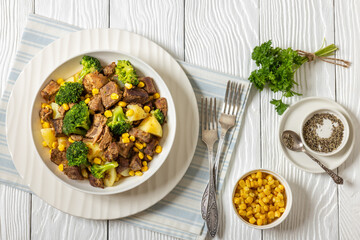 Beef Steak broccoli potato corn stew in bowl