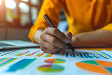 Business analysis and strategy planning with colorful graphs and charts in office environment