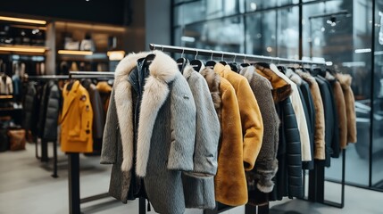 Obraz premium Row of luxurious fur and faux fur coats in various colors on hangers in a modern clothing store with stylish interior design.
