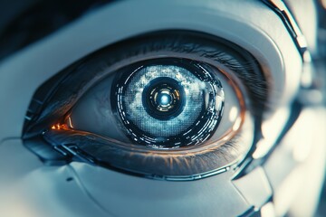 Close-up of robotic eye with detailed lens and lights