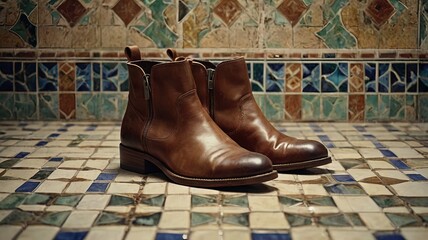 Ankle boots against a retro tile background, quiet luxury. Brown shoes