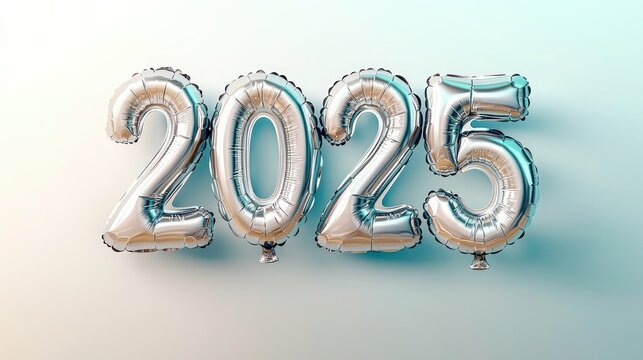 Floating silver balloon alphabets spelling "2025" with a reflective metallic finish, positioned against a light silver to soft blue gradient background. Soft shadows are cast underneath