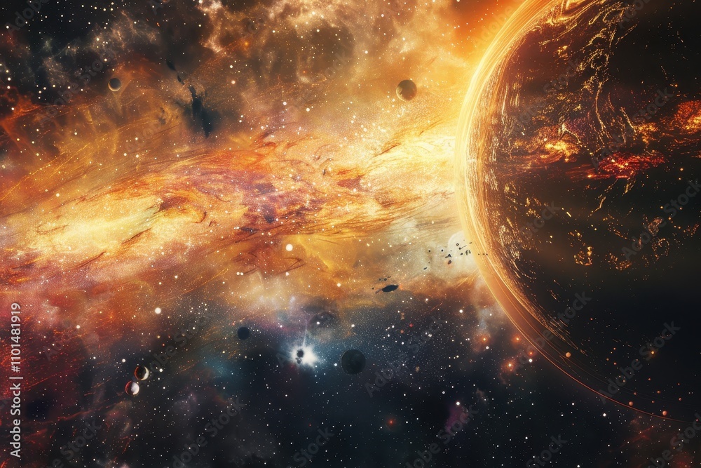 Canvas Prints glowing orange planet with a fiery tail in a star field