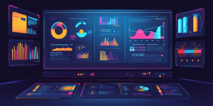 A digital dashboard displaying colorful data visualizations and analytics graphs.