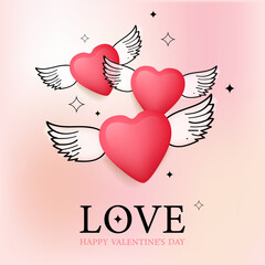 Happy valentine's day vector design. Love text with heart wings balloons flying elements. Vector illustration Valentine invitation card background