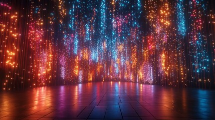 A vibrant, illuminated stage with colorful lights creating a dynamic atmosphere.