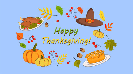 colorful happy thanksgiving banner with elements of turkey, hat, pumpkin, apple pie and autumn leaves