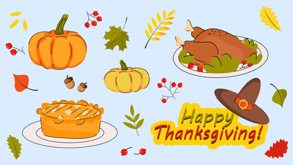 23 colorful Thanksgiving stickers, including turkey, hat, pumpkin, apple pie, and autumn leaves.